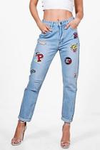 Boohoo Elsy Ripped Boyfriend Jeans With Badges
