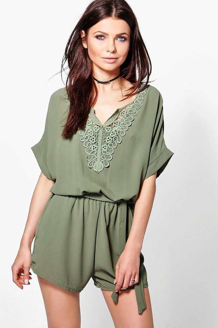 Boohoo Linda Crochet Trim Playsuit Khaki