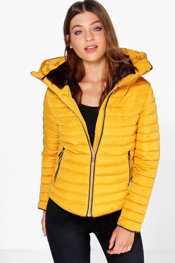 Boohoo Emma Crop Bubble Coat Mustard