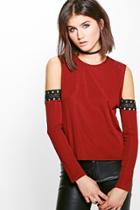 Boohoo Lola Rib Eyelet Cold Shoulder Top Wine