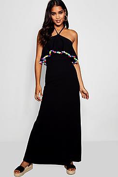 Boohoo Laya 90's Neck Pom Pom Trim Maxi Dress