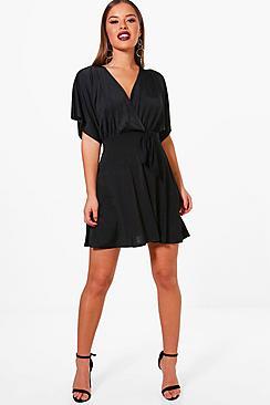 Boohoo Petite Han Kimono Sleeve Wrap Tie Skater Dress
