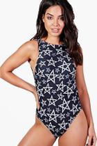 Boohoo Naples Star Print High Neck Swimsuit