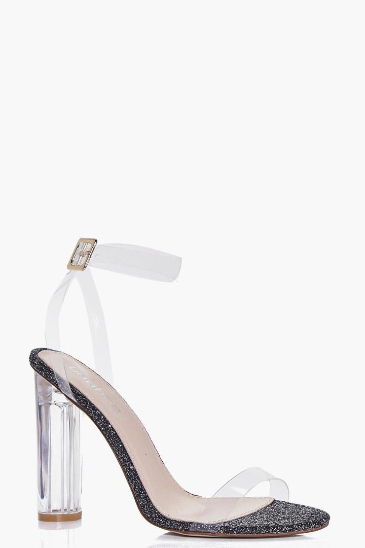 Boohoo Amber Glitter Cylinder Clear Two Part Heels Black