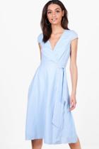 Boohoo Ashton Cap Sleeve Wrap Midi Dress Sky