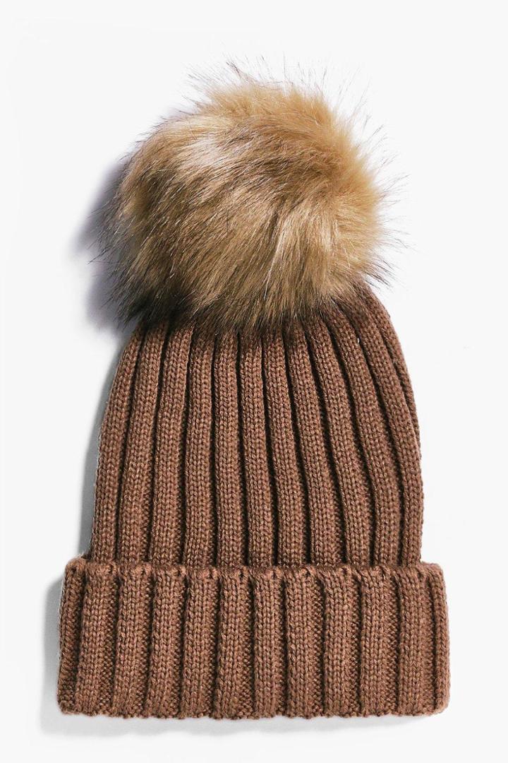 Boohoo Maya Single Pom Beanie Mink