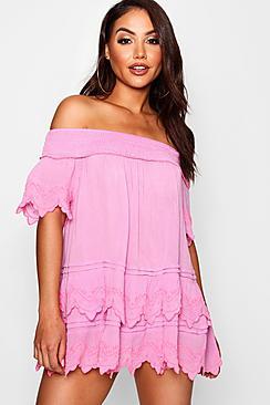 Boohoo Lisa Embroidered Ruffle Beach Dress