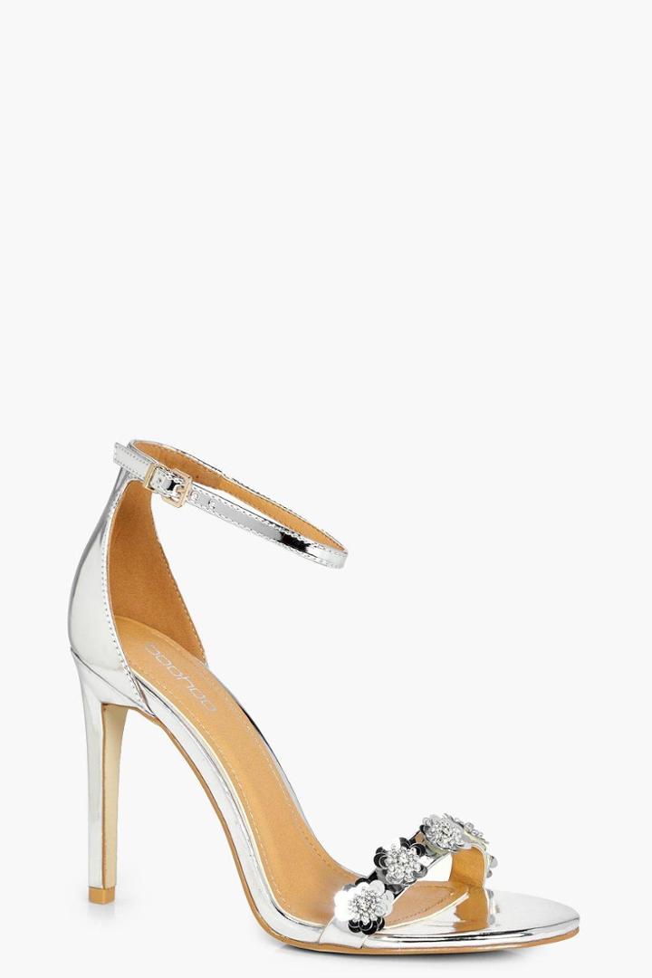 Boohoo Lilly 2 Part Flower Embellished Heel Silver