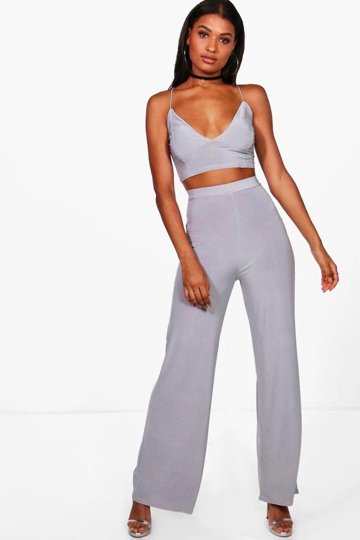 Boohoo Tamiar Slinky Bralette & Trouser Co-ord Silver