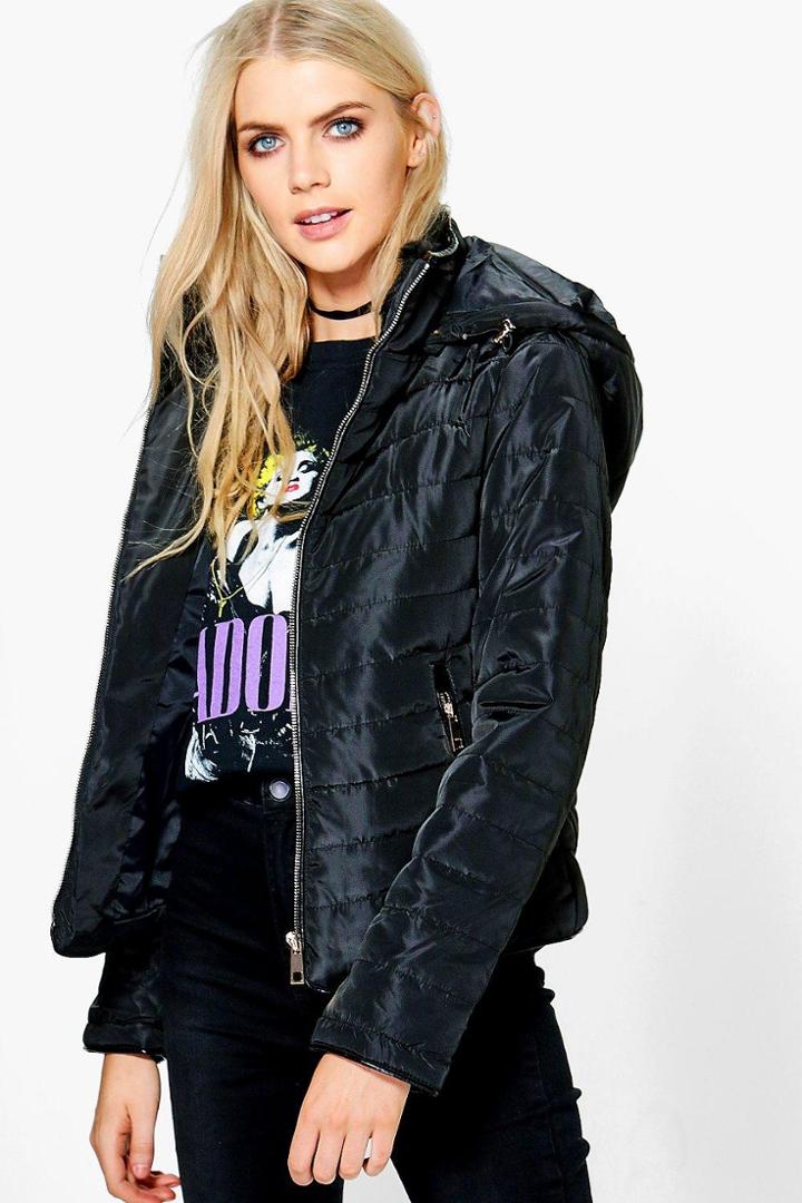 Boohoo Katie Crop Hooded Bubble Coat Black