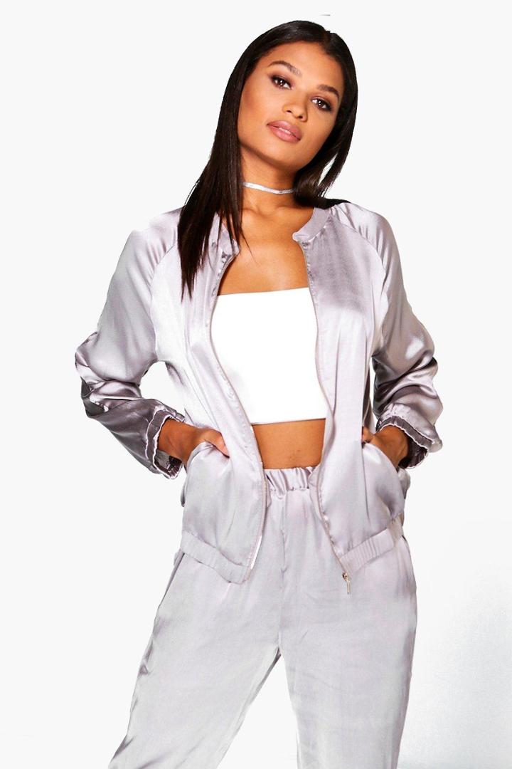 Boohoo Ellie Premium Satin Bomber Grey