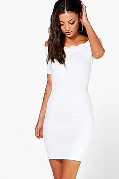 Boohoo Tall Adria Scallop Off The Shoulder Textured Dress