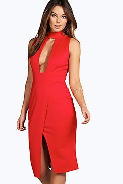 Boohoo Paula High Neck Cut Out Wrap Midi Dress