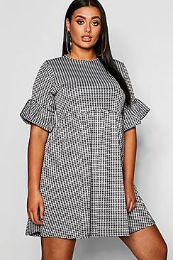Boohoo Plus Dogtooth Frill Smock Dress