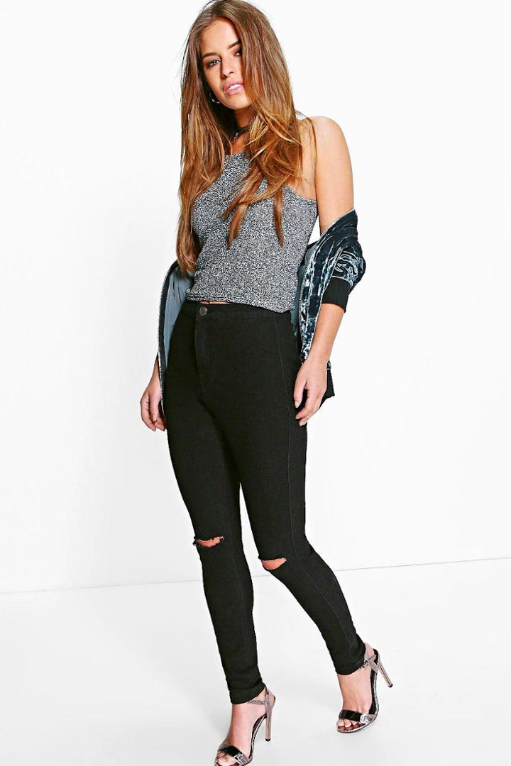 Boohoo Petite Leanne High Rise Split Knee Tube Jean Black