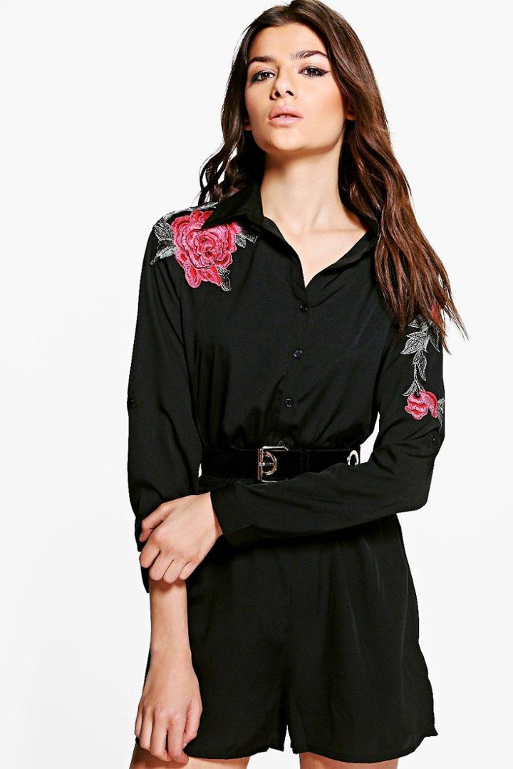 Boohoo Lois Floral Applique Short Playsuit Black