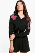 Boohoo Lois Floral Applique Short Playsuit Black