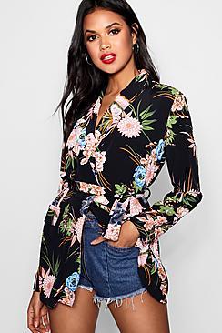Boohoo Premium Floral Print Belted Blazer
