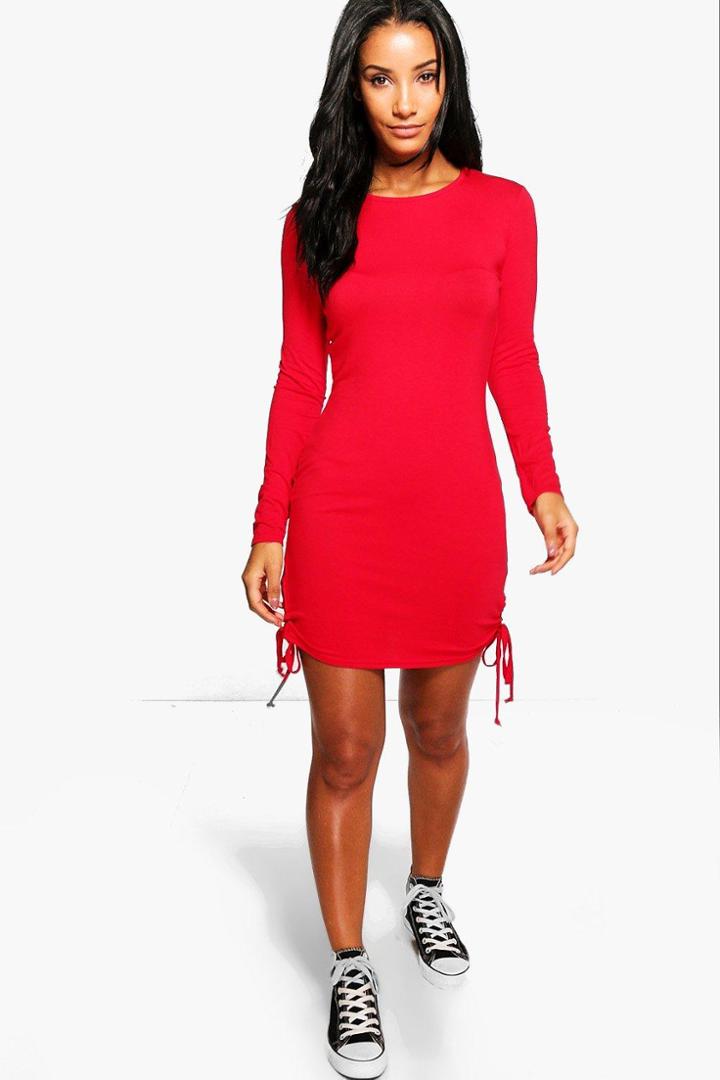 Boohoo Flossie Long Sleeve Lace Up Bodycon Dress Poppy