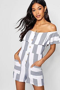 Boohoo Linen Wide Stripe Bardot Horn Button Playsuit