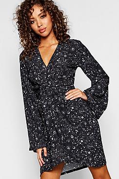 Boohoo Constellation Print Knot Front Skater Dress