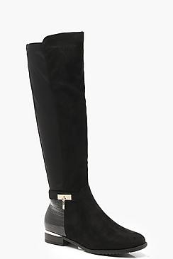 Boohoo Croc Panel Stretch Back Flat Knee High Boots