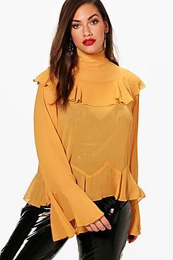Boohoo Plus Alana Chiffon Ruffle Wide Sleeve Top