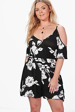 Boohoo Plus Julia Cold Shoulder Floral Playsuit