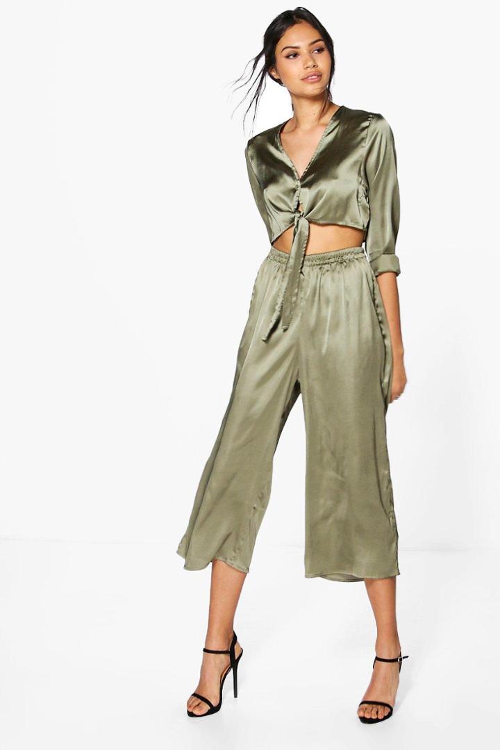 Boohoo Rose Satin Tie Shirt & Culotte Co-ord Khaki