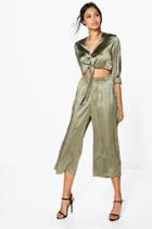 Boohoo Rose Satin Tie Shirt & Culotte Co-ord Khaki