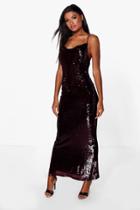 Boohoo Boutique Eva Sequin Cowl Front Strappy Maxi Dress Berry