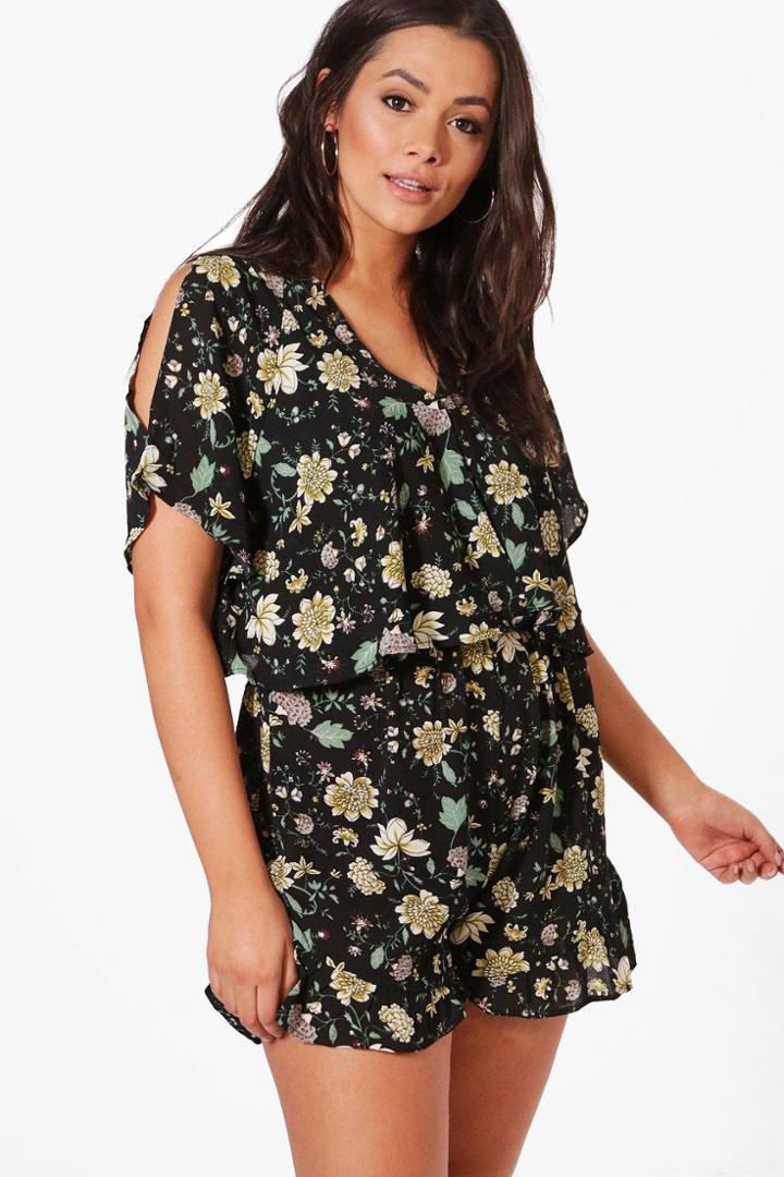 Boohoo Plus Cassie Flippy Floral Print Playsuit Black