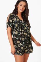 Boohoo Plus Cassie Flippy Floral Print Playsuit Black