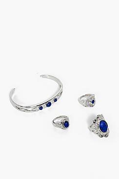 Boohoo Brooke Boho Stone Cuff & Ring Set 4 Pcs