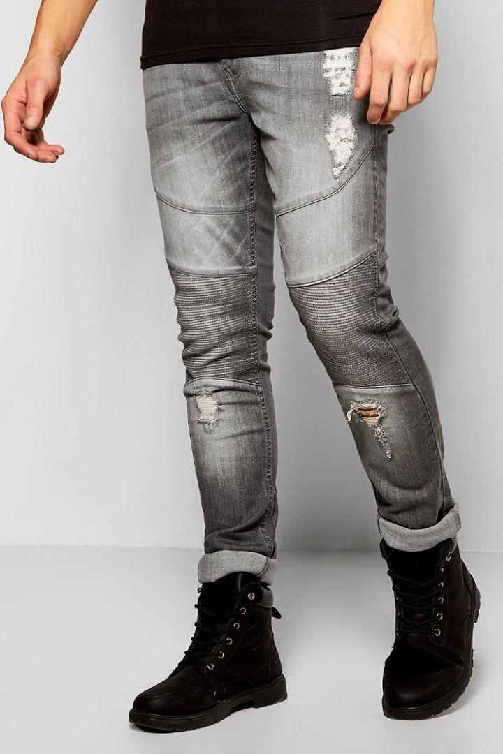 Boohoo Skinny Fit Stretch Biker Jeans With Abrasions Grey