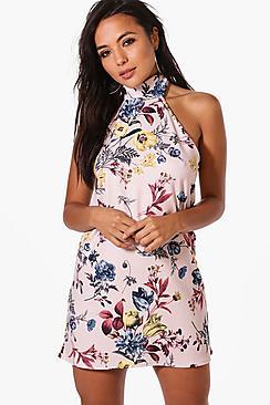 Boohoo Petite Rosa Oriental Print High Neck Shift Dress