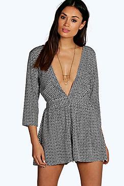 Boohoo Nora Geo Print Deep Plunge 3/4 Sleeve Playsuit