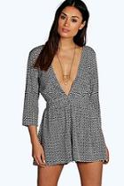 Boohoo Nora Geo Print Deep Plunge 3/4 Sleeve Playsuit