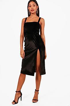 Boohoo Velvet Strappy Split Leg Midi Dress