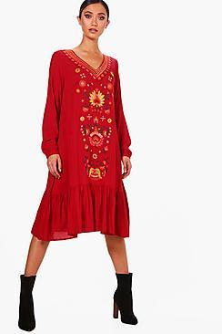 Boohoo Sian Embroidered Front Smock Dress