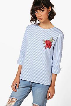 Boohoo Nadia Poplin Large Stripe Wide Cuff Embroidered Top