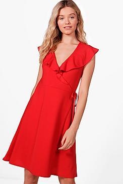 Boohoo Maria Frill Neck Wrap Midi Dress
