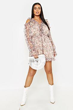 Boohoo Plus Floral Ruffle Cold Shoulder Romper