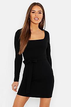 Boohoo Petite Slinky Long Sleeve Belted Bodycon Dress