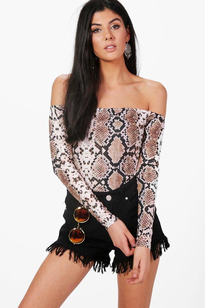 Boohoo Brooke Snake Print Off The Shoulder Top Multi