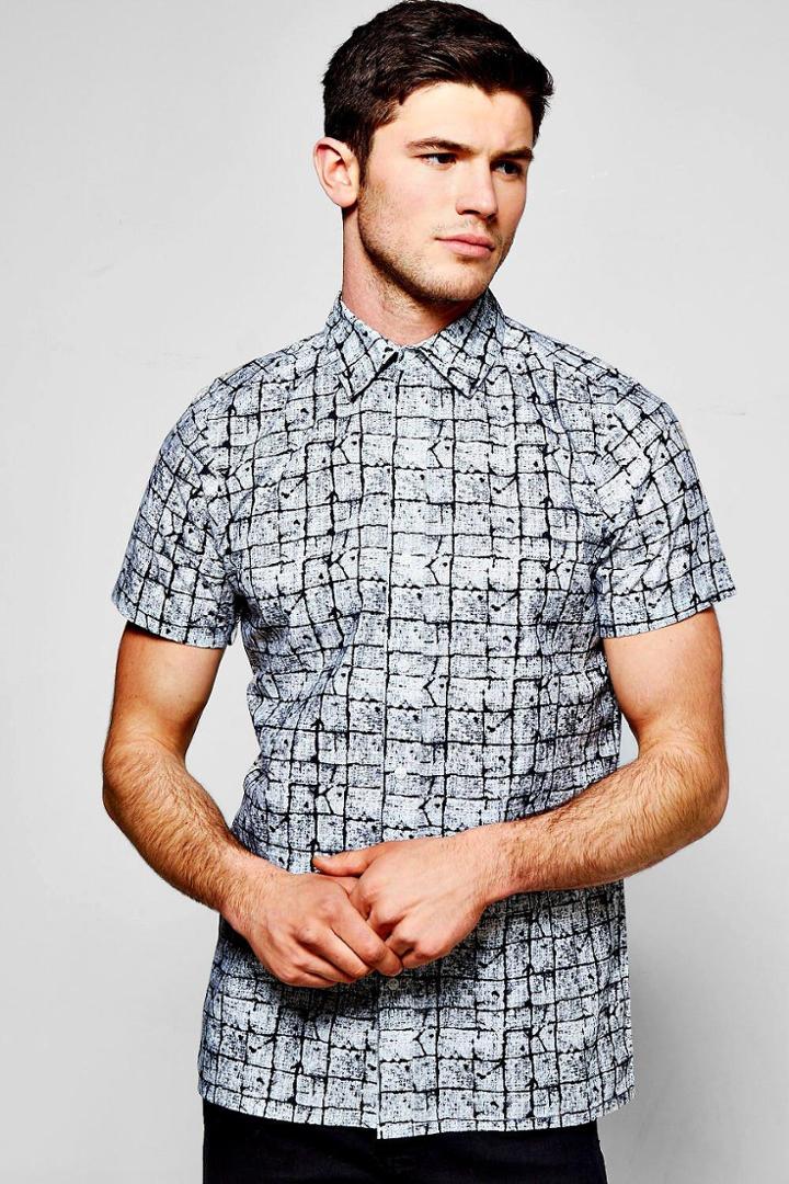 Boohoo Short Sleeve Grid Print Shirt Navy