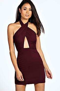 Boohoo Tamzen Halter Neck Wrap Over Bodycon Dress