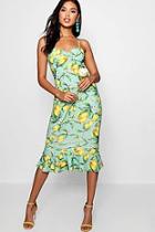 Boohoo Anna Lemon Print Ruched Front Fluted Midi Dress