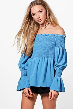 Boohoo Joy Woven Shirred Top