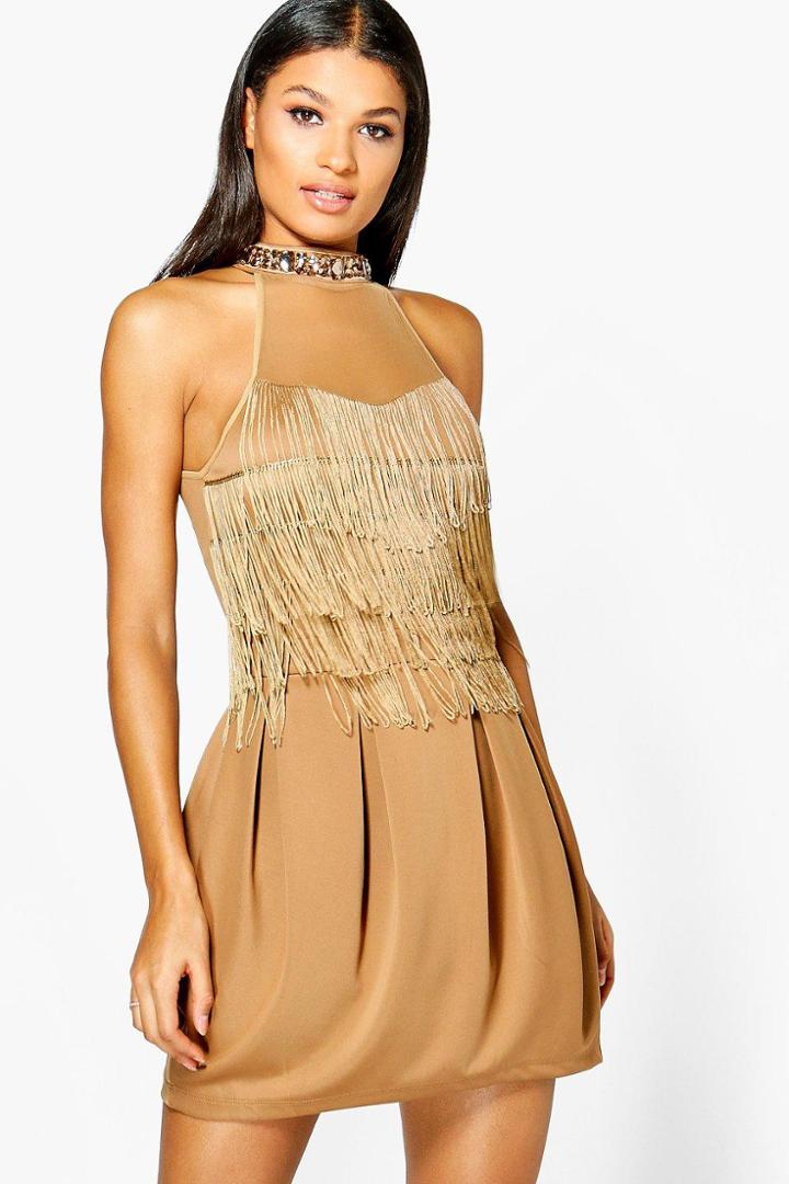 Boohoo Brielle Fringed Bodycon Maxi Dress Beige